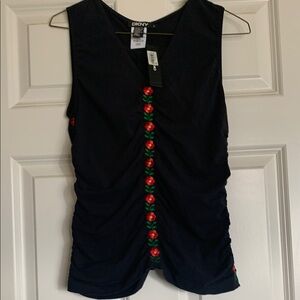 🌹NWT DKNY Black Ruched Tank Top with Rose embroidery